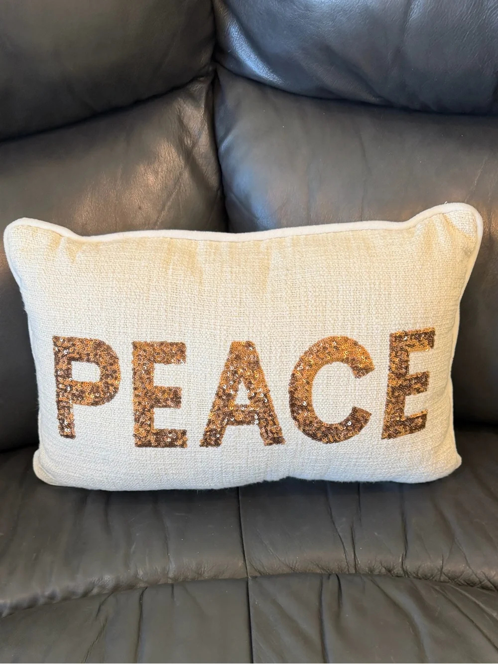 PEACE Sequin Accent Pillow - Cream with Gold Lettering
